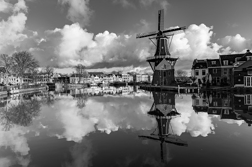 Windmill de Adriaan along the Spaarne Haarlem Holland in black and white