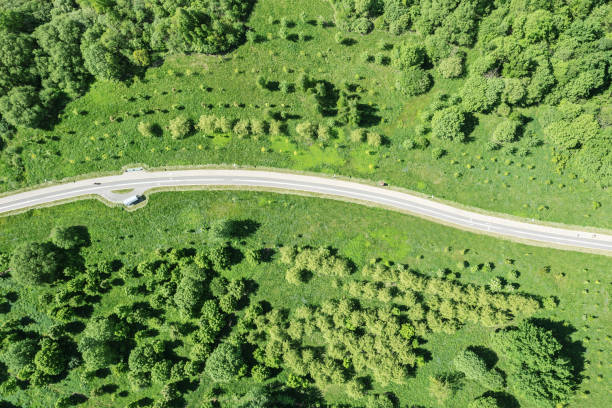 istock winding bicycle lane surrounded by green grass and trees. view from above with drone. 1323701487