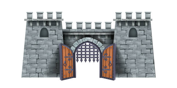 istock Old castle tower vector illustration, stone medieval cartoon fortress, wooden open city gate, grate. 1323703696