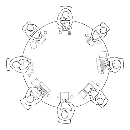 Line art drawing of business meeting top view on circle  table conference office team .vector illustration