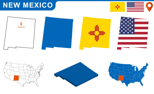 米国ニューメキシコ州の地図と国旗。 - new mexico flag点のイラスト素材／クリップアート素材／マンガ素材／アイコン素材