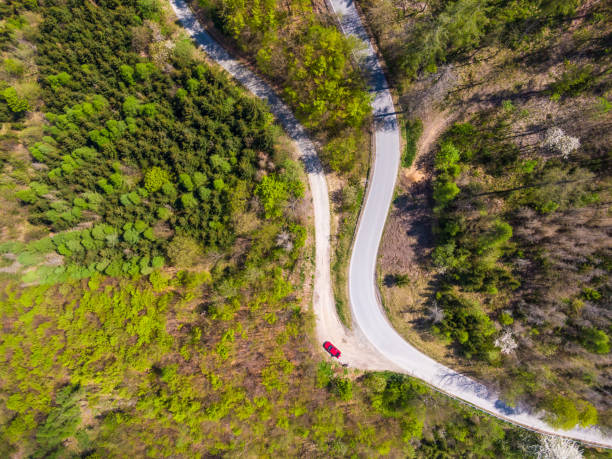 vista aérea de arriba hacia abajo del dron de la carretera curva en el bosque. - road winding road mountain spiral staircase fotografías e imágenes de stock