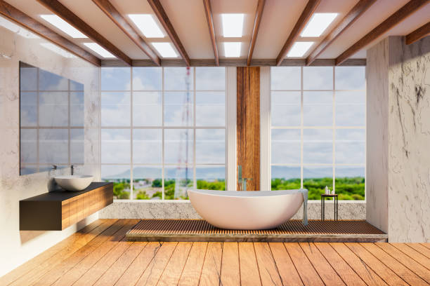 istock Realistic luxury bathroom design with wide angle mountain and forest view 1323708405