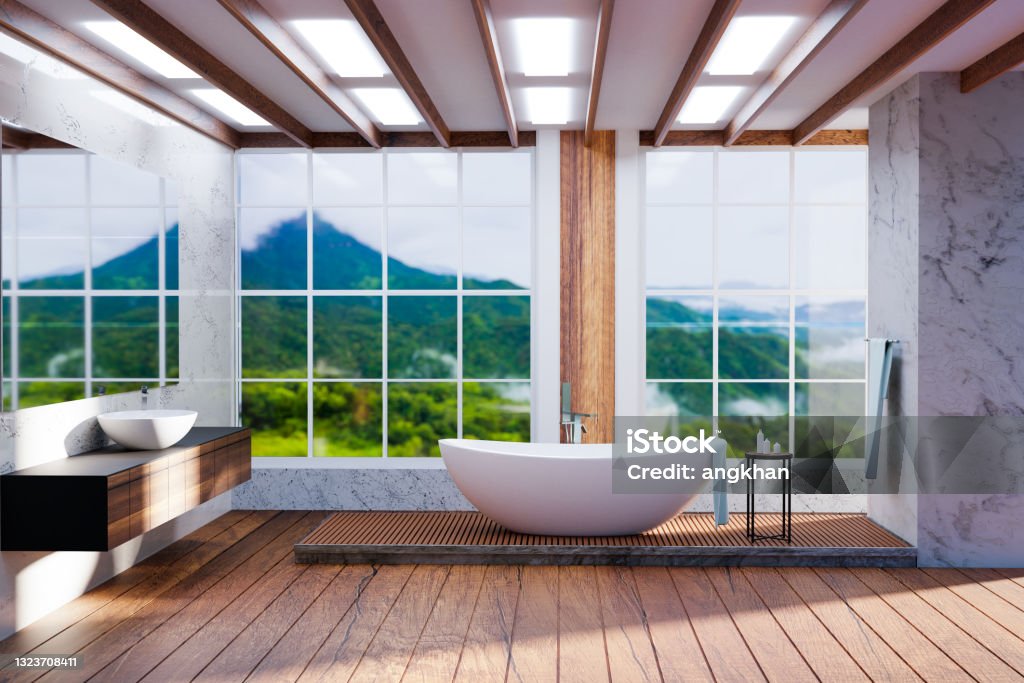 Realistic luxury bathroom design with wide angle mountain and forest view Realistic luxury bathroom design with wide angle mountain and forest view, 3D illustrations rendering Apartment Stock Photo