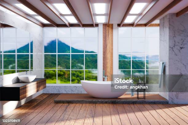 Realistic Luxury Bathroom Design With Wide Angle Mountain And Forest View Stock Photo - Download Image Now