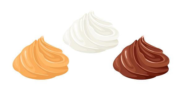 Cream swirl set. White whipped cream, peanut butter swirl or caramel cream portion and chocolate sweet mousse isolated. Vector illustration of dessert in cartoon flat style. Food icon.