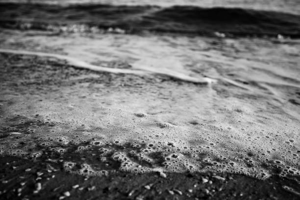 Seafoam oncoming waves on seashore, B&W photo