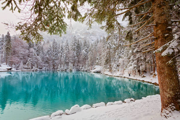 beautiful mountain lake in the swiss alps in winter, switzerland - interlaken imagens e fotografias de stock
