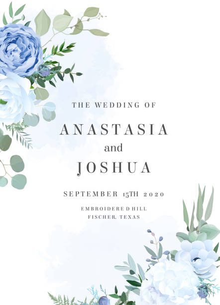 dusty blue rose, white hydrangea, ranunculus, anemone, eucalyptus vector design frame - ortanca stock illustrations