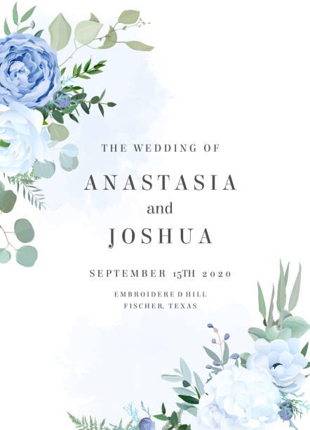 Dusty blue rose, white hydrangea, ranunculus, anemone, eucalyptus vector design frame Dusty blue rose, white hydrangea, ranunculus, anemone, eucalyptus, greenery, juniper, brunia vector design frame. Wedding seasonal flower card. Floral watercolor composition. Isolated and editable blue roses stock illustrations