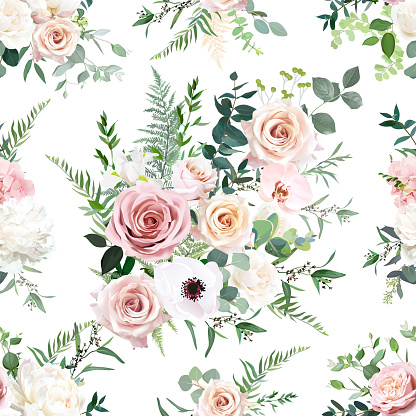 Dusty pink and blush rose, anemone, orchid, hydrangea flowers, sage eucalyptus, fern, greenery vector design seamless pattern. Summer floral bloom wedding print. All elements are isolated and editable