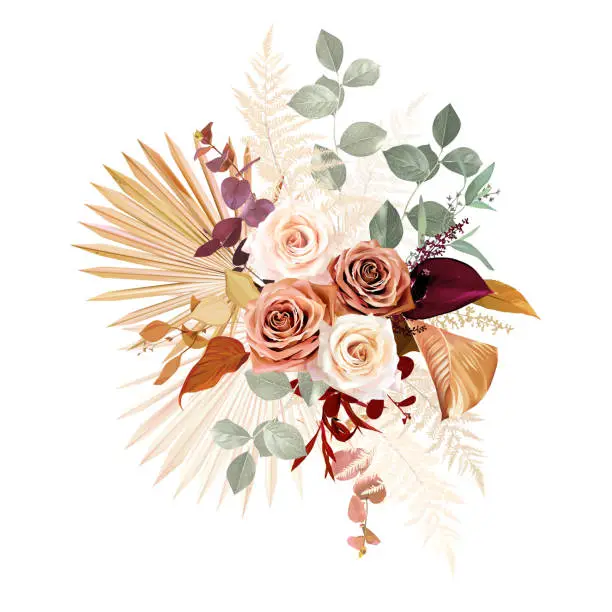 Vector illustration of Rust orange, beige, white rose, burgundy anthurium flower, eucalyptus, pampas grass