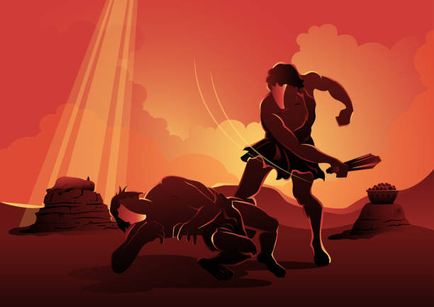 An Illustration of Cain and Abel, Cain killed Abel. Biblical series An illustration of Cain and Abel, Cain killed Abel. God blessed Abel's sacrifice instead of Cain's. Biblical Series farmer silhouettes stock illustrations