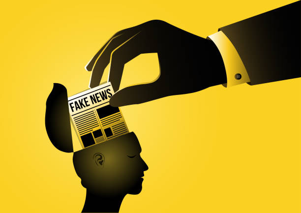 People Reading Fake News An illustration of People reading fake news on yellow background hoax stock illustrations