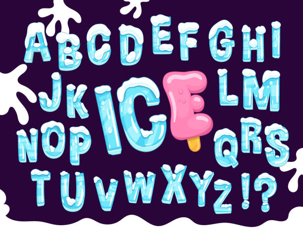 Cartoon ice winter font Vector cartoon font set. Ice blue letters for kids design snowdrift stock illustrations