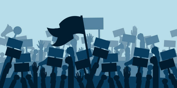istock Concept for protest, revolution or conflict. Silhouette crowd of people protesters. Flat vector illustration. 1323717363