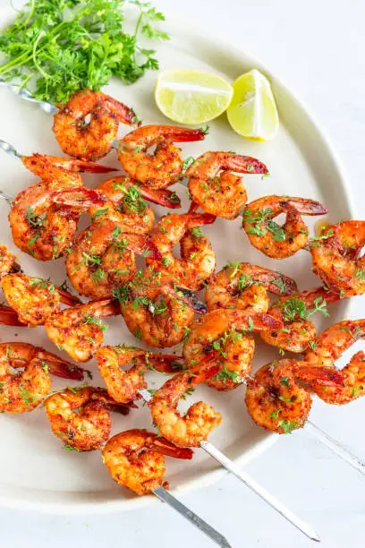 Barbecue Grilled Shrimp Skewers Close-Up Photo