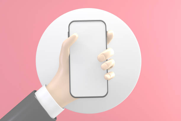 istock Hand holding the phone to reveal a blank white screen on white pink background. 3D rendering 1323720506