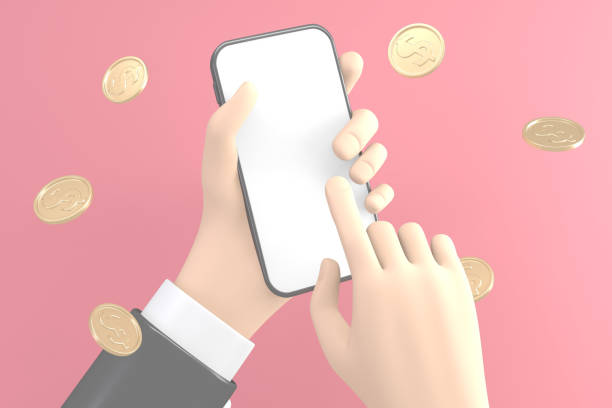 istock Hand holding the phone to reveal a blank white screen on white pink background. 3D rendering 1323720582