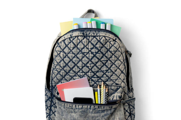 istock Flat lay top view backpack with different colorful stationery on white table 1323720789