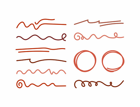 Set of isolated underlines and circles drawn by hand. Doodle, sketch. Vector illustration.