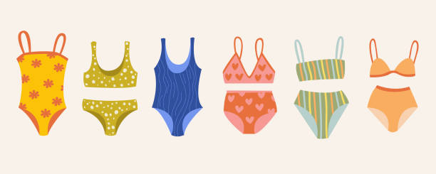 A set of women's underwears and swimsuits A set of women's underwears and swimsuits of different styles, cuts, colors, sizes. Women's clothing store. Vector flat illustration in cartoon style. bathing suit stock illustrations