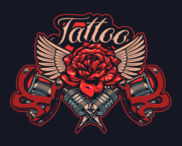 ilustraciones, imágenes clip art, dibujos animados e iconos de stock de máquina de tatuajes de ilustración de color con rosa y alas en estilo vintage. - tattoo machine