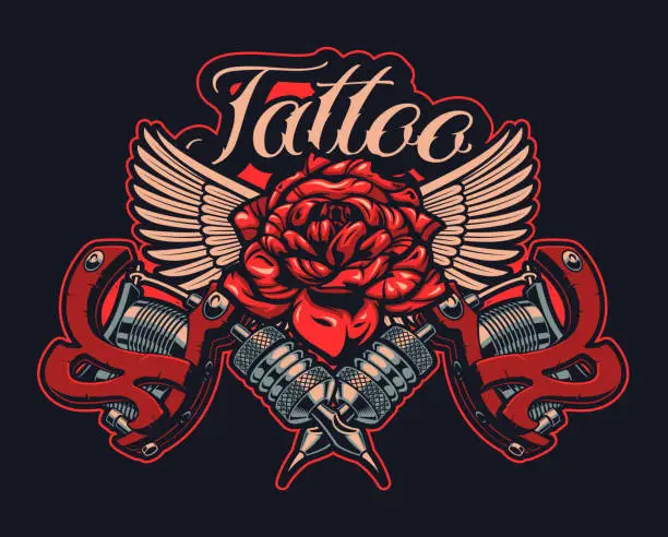 Vector illustration of Color Illustration tattoo machines with rose and wings in vintage style.