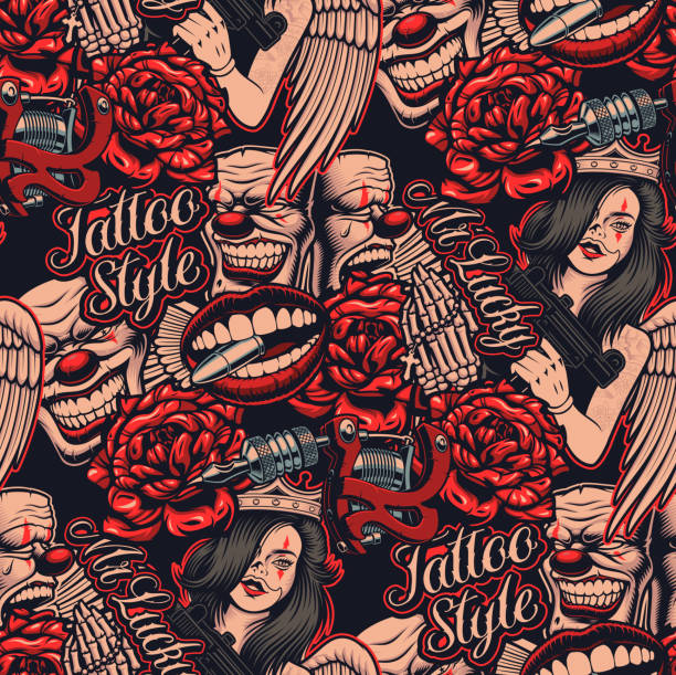 pola warna pada tema tato dengan topeng, mesin tato, dan tato elemen lainnya. - mesin tato ilustrasi stok
