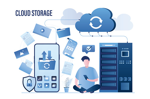 Big smartphone, male user uploading files in cloud storage. Upload and download data with remote servers via cloud technologies. Information storage service, safe server, database. Vector illustration