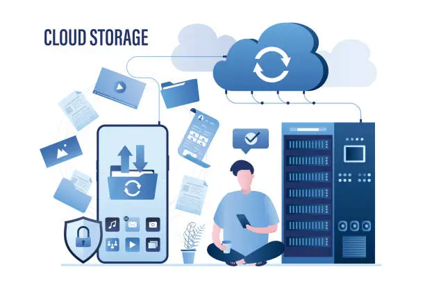 Vector illustration of Big smartphone, male user uploading files in cloud storage. Upload and download data with remote servers via cloud technologies.