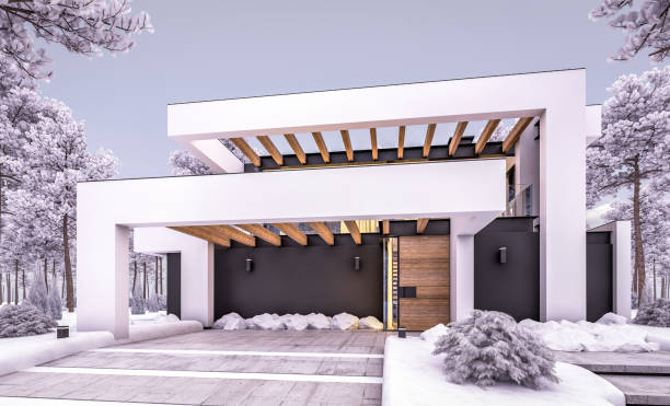 istock 3d rendering of modern house in luxurious style in winter evening 1323728804