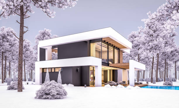 istock 3d rendering of modern house in luxurious style in winter evening 1323728857
