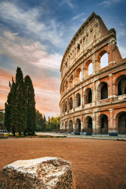 colosseum in rome. travel directions and rest in italy. europe sightseeing landmarks and tourism - roman ancient rome empire ancient imagens e fotografias de stock