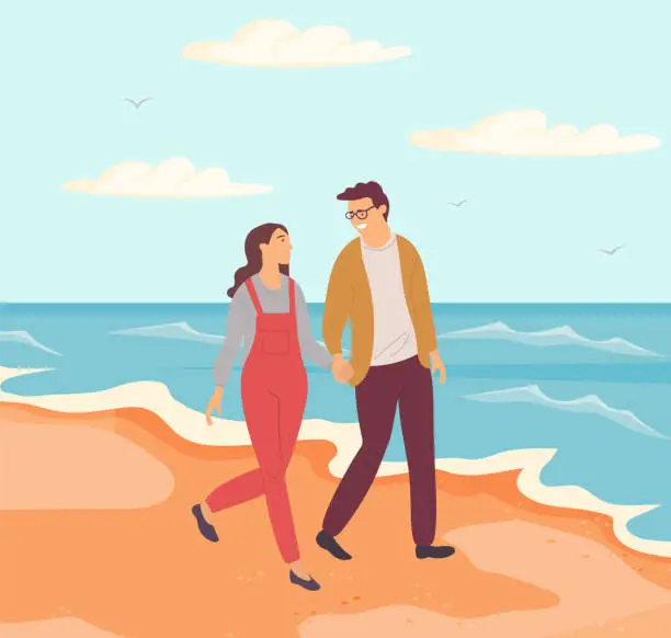 Vector illustration of Young couple in relationship hug and stare at sea. Cartoon characters are resting near ocean bank