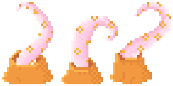 Pixel game element layout design. Fantasy game with alien plants with tentacle isolated on white background. Pink pixelated organism. Pixel monster, creature with tentacles crawling out of craters