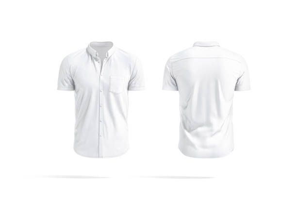 botão branco de manga curta em branco para baixo mockup camisa, parte de trás da frente - casual shirt - fotografias e filmes do acervo