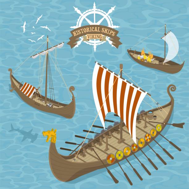 역사적인 바이킹 항해 선박 동시대 관점에 vecotor 삽화 - map viking viking ship norway stock illustrations