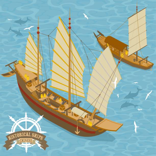 istock Historical Chinese sail ships vecotor illustration in isometric perspective 1323730382