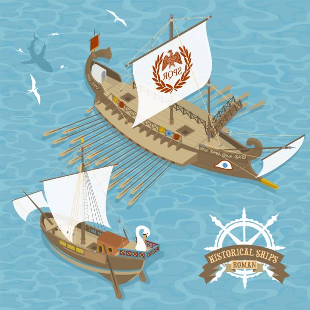 illustrations, cliparts, dessins animés et icônes de illustration historique des voiliers romains en perspective isométrique - galère
