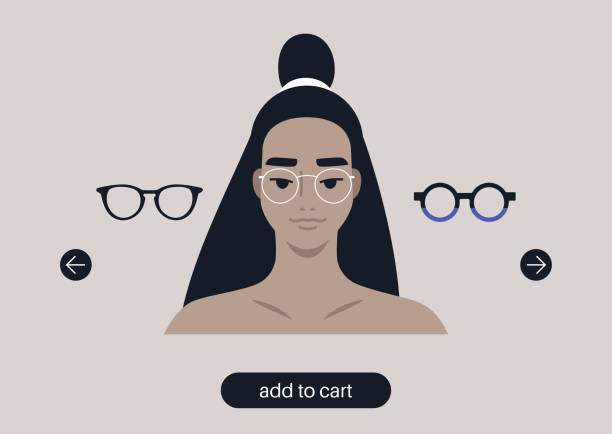 仮想メガネは、ツール、異なるフレームを身に着けている若い女性アジアのキャラクターの肖像画を試着 - catalog internet e commerce customer点のイラスト素材／クリップアート素材／マンガ素材／アイコン素材