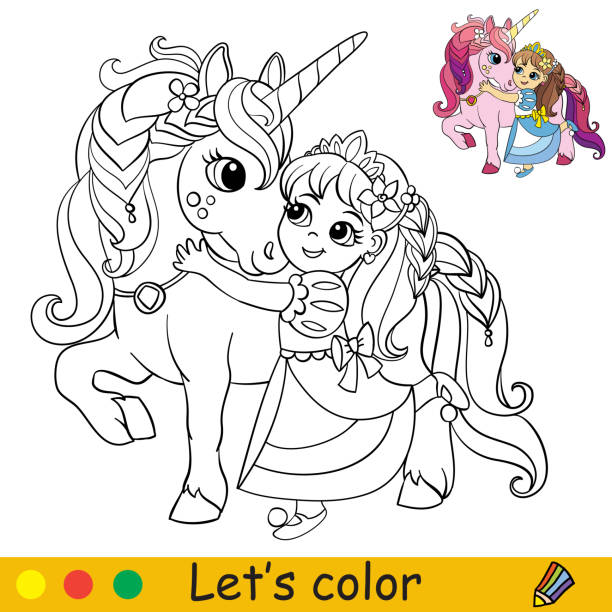ilustraciones, imágenes clip art, dibujos animados e iconos de stock de caricatura linda princesa abrazos con un unicornio colorear - niña y niño libro para colorear
