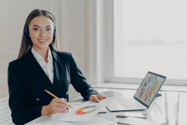 istock Professional business lady in headset preparing for online presentation 1323736469