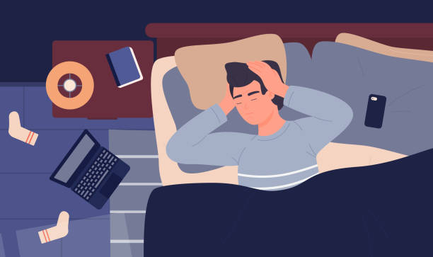 Hombre enfermo que sufre dolor de cabeza por el resfriado de la gripe, enfermo insomnes acostado en la cama bajo manta - ilustración de arte vectorial