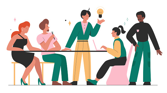 Business people teamwork, work meeting vector illustration. Cartoon professional office worker characters team brainstorming on new project idea strategy, sitting at table together isolated on white