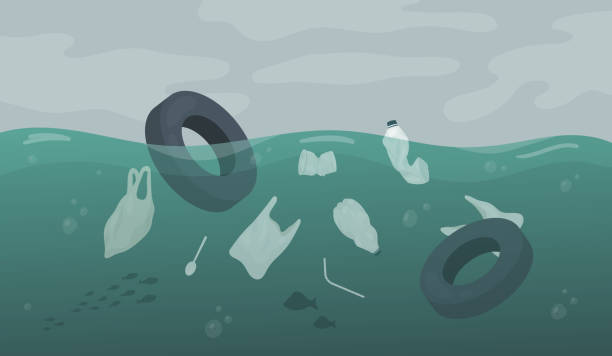 ilustrações de stock, clip art, desenhos animados e ícones de waste pollution floating in ocean sea or river water, car tire garbage, plastic bags - pollution