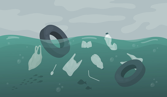 Plastic trash waste pollution floating in dirty ocean sea or river water, environment day vector illustration. Cartoon car tire garbage, plastic bags and bottles pollute nature ecology background