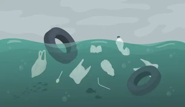 Vector illustration of Waste pollution floating in ocean sea or river water, car tire garbage, plastic bags