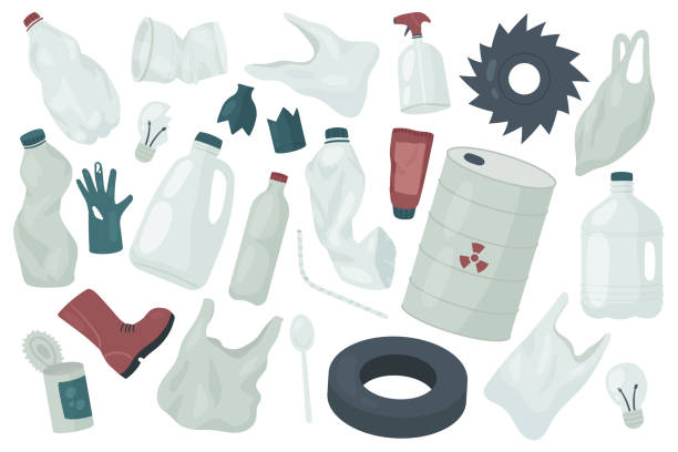 ilustrações, clipart, desenhos animados e ícones de lixo de lixo, conjunto de poluição ambiental ecologia, garrafa de saco de luva de plástico - water pollution chemical garbage plastic