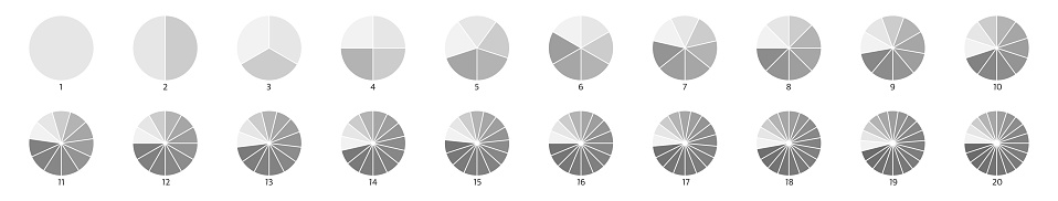 Segment infographic. Pie chart icons. 2,3,6,10,20 circle section graph. Wheel round diagram part symbol. Five phase, six circular cycle. Segment slice sign. Geometric element. Vector illustration.